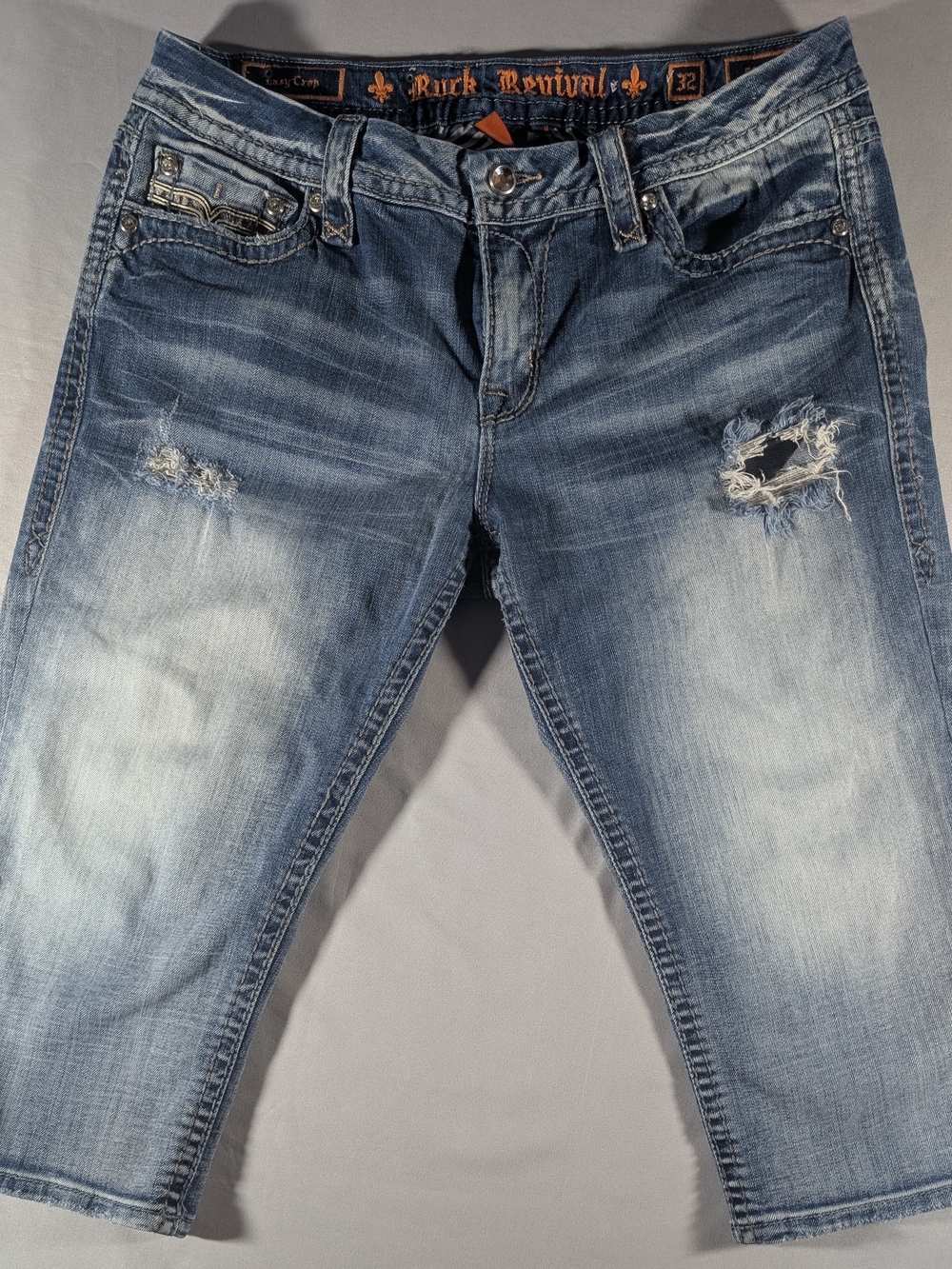 Rock Revival Women's Distressed Blue Denim Capri Jeans